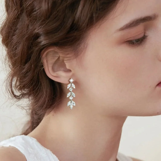 Ethereal Leaf Moissanite Drop Earrings - 925 Sterling Silver Bohemian State: Silver - minbolu -