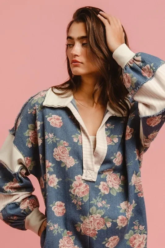 BiBi Washed Floral Denim Romper With Contrast Collar - minbolu -