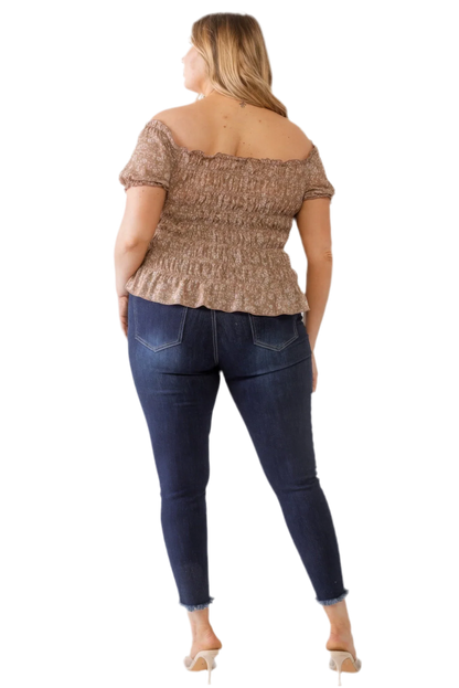 Plus Floral Chiffon Ruched Off-Shoulder Top - Mocha - minbolu -