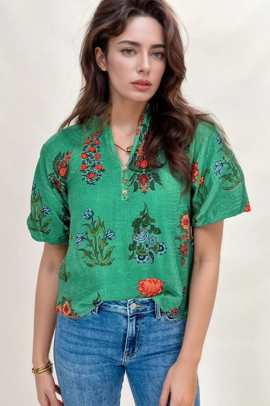 Floral Print Notched Short Sleeve Blouse - minbolu -