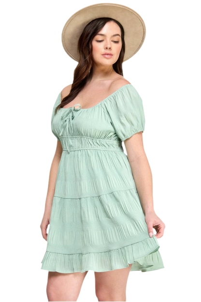 Sea Foam Plus Crinkle Textured Mini Dress - minbolu -