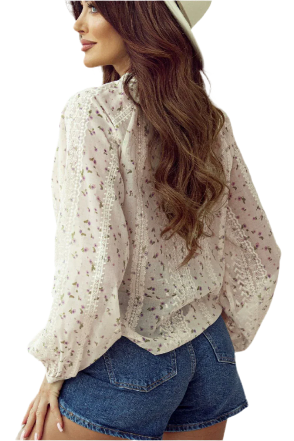 Frill Lace Detail Printed Long Sleeve Blouse - minbolu -