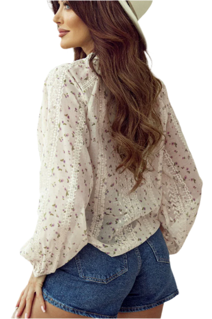 Frill Lace Detail Printed Long Sleeve Blouse - minbolu -