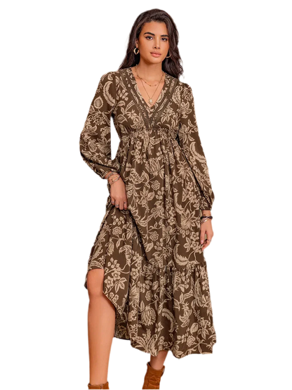 Printed V-Neck Ruched Long Sleeve Midi Dress - minbolu -