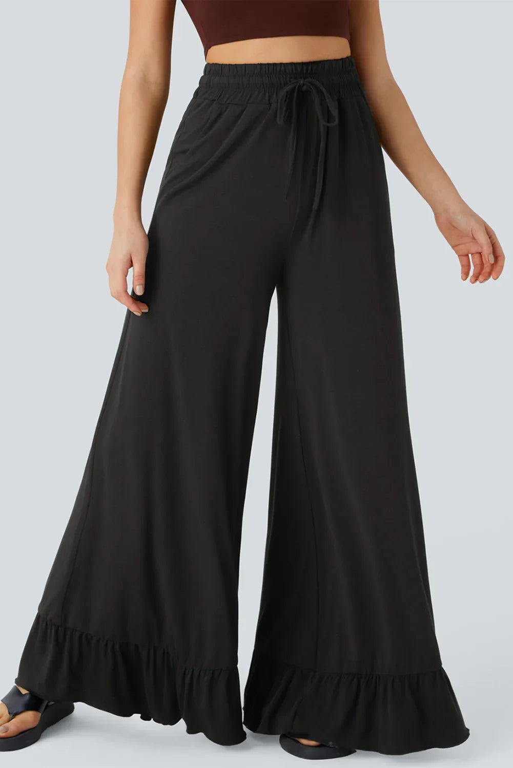 Black Solid Color Ruffle Hem Wide Leg Pants - minbolu -