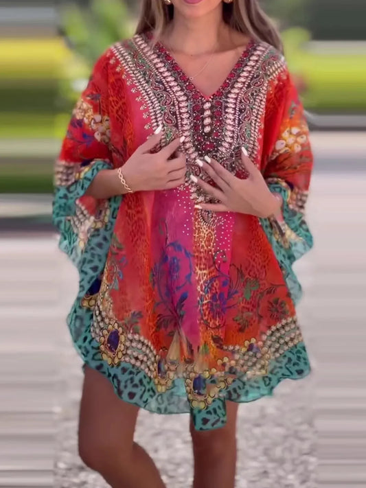 Floral Print V-Neck Cover Up - minbolu -