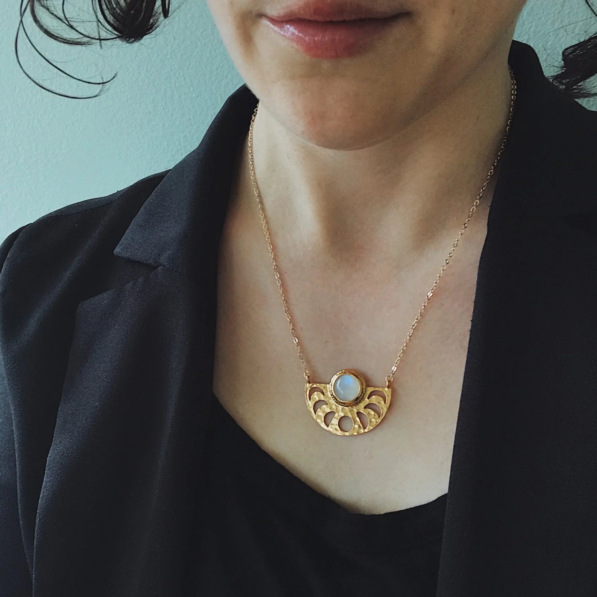 Moon Goddess Necklace - Moon Phases Rainbow Moonstone Pendant - minbolu -