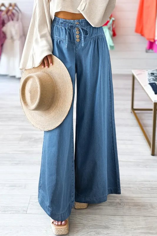 Drawstring Elastic Waist Wide Leg Jeans - minbolu -