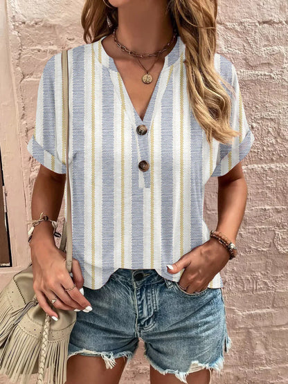 Printed Notched Short Sleeve Blouse - Stylish Design - minbolu -