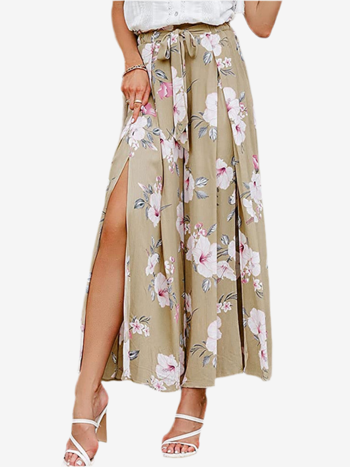 Floral, Tie Waist Pants with Slit Leg