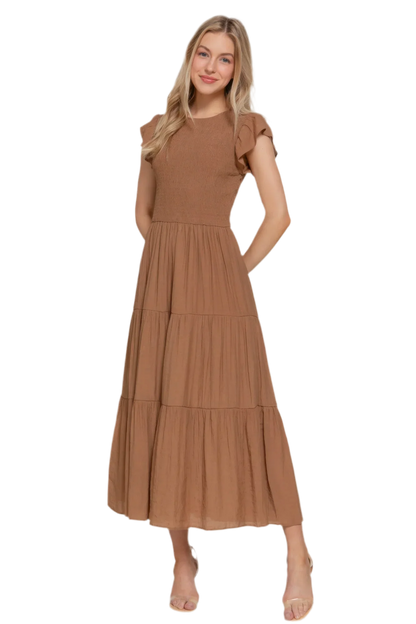 Ruffle Sleeve Smocked Tiered Dress - minbolu -