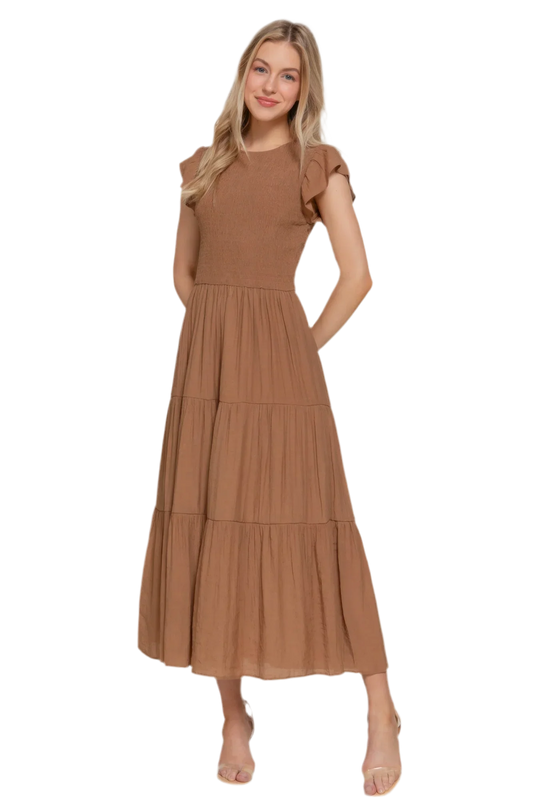 Ruffle Sleeve Smocked Tiered Dress - minbolu -