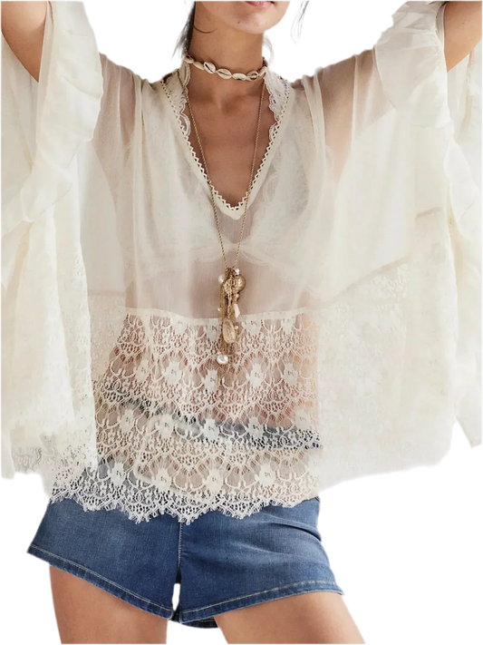 Lace V-Neck Ruffle Cover-Up - Beach Blouse - minbolu -
