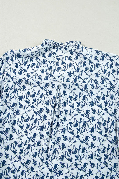 Blue Floral Print Lace Detail Puff Sleeve Shirt - minbolu -