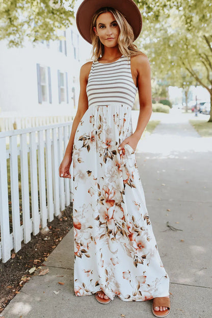 White Boho Stripes & Floral Print Floor Length Tank Dress - minbolu -