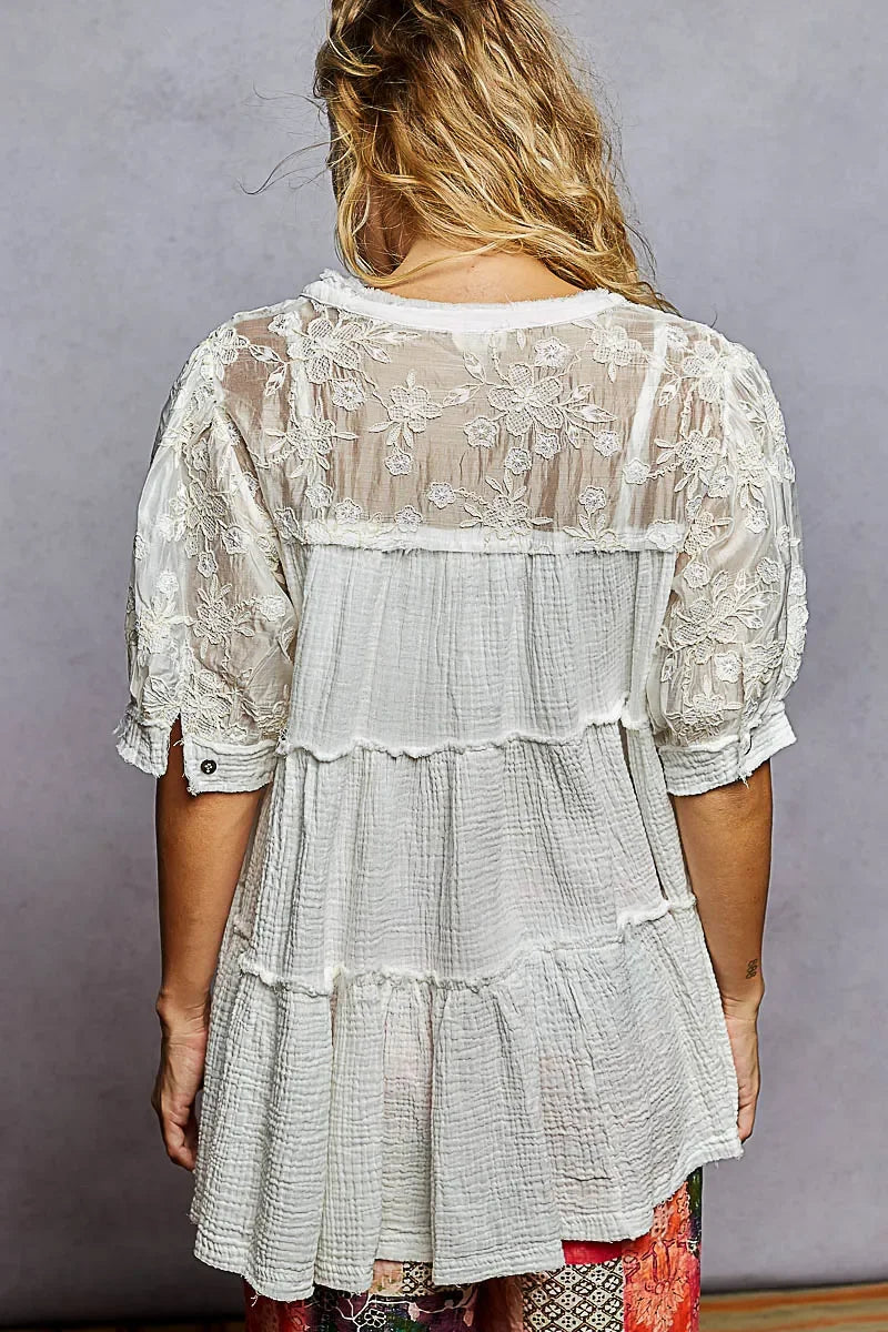 POL Lace Detail Tiered Round Neck Half Sleeve Blouse - minbolu -