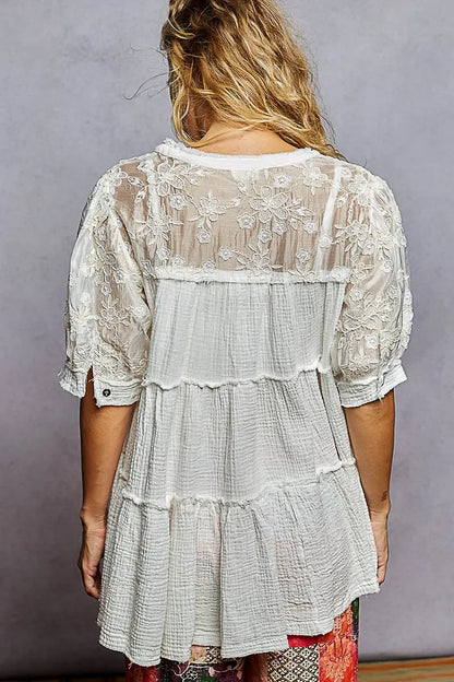 POL Lace Detail Tiered Round Neck Half Sleeve Blouse - minbolu -