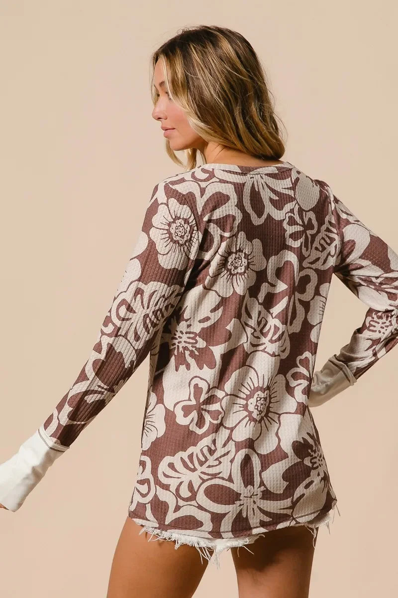 Women's Long Sleeve Top - BiBi Flower Printed Waffle Thumb Opening Boho Long Sleeve Top - minbolu -