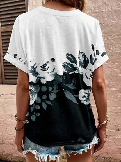 Printed Notched Short Sleeve Blouse - Stylish Design - minbolu -