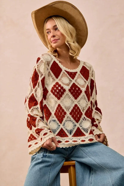 BiBi Diamond Crochet Knit Top - minbolu -