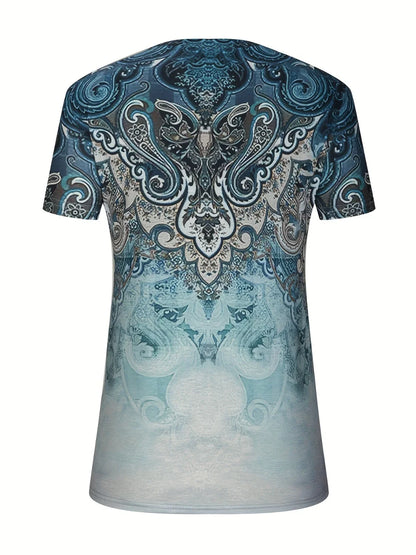 Printed Notched Short Sleeve Blouse - Stylish Design - minbolu -