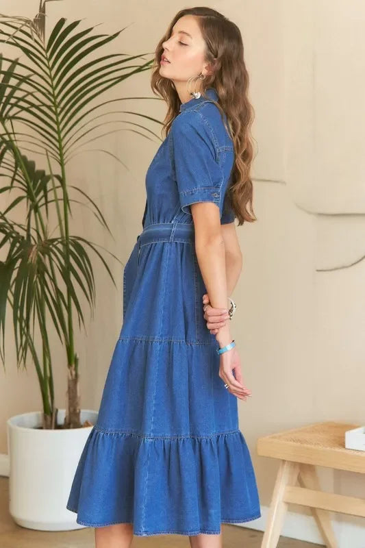 ADORA Tiered Button Down Denim Dress - minbolu -