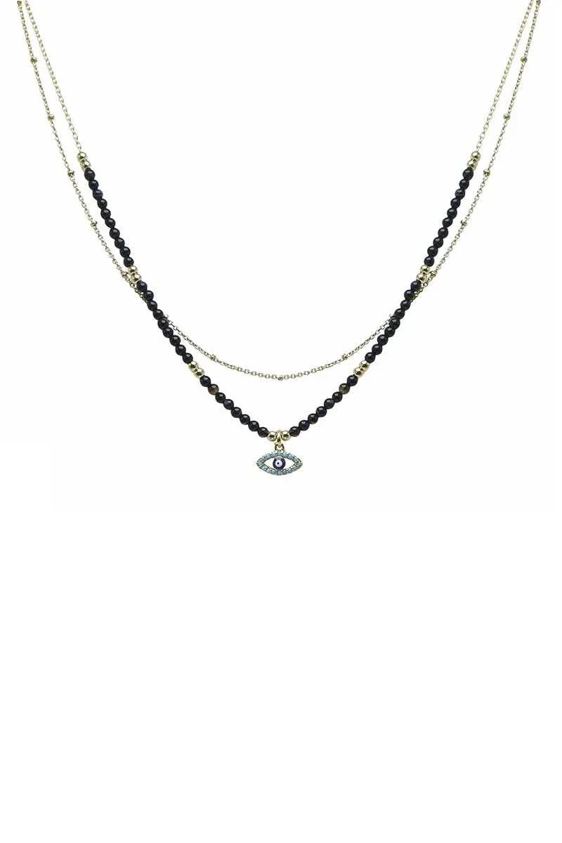 2 Layered Metal Seed Bead Evil Eye Pendant Necklace - minbolu