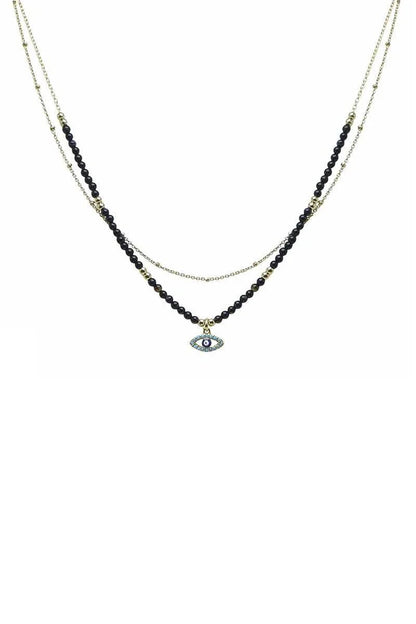 2 Layered Metal Seed Bead Evil Eye Pendant Necklace - minbolu