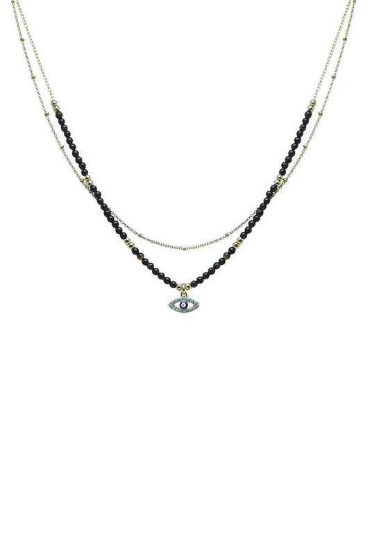 2 Layered Metal Seed Bead Evil Eye Pendant Necklace - minbolu