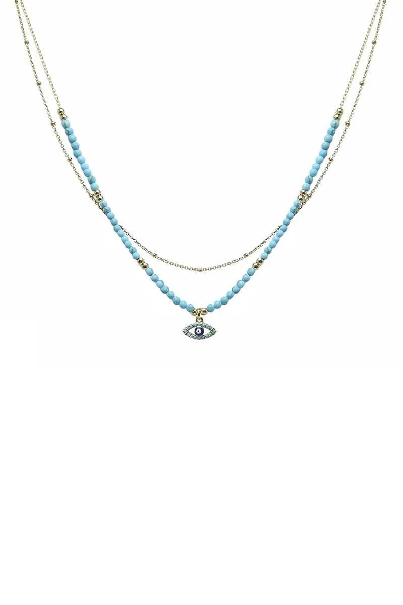 2 Layered Metal Seed Bead Evil Eye Pendant Necklace - minbolu