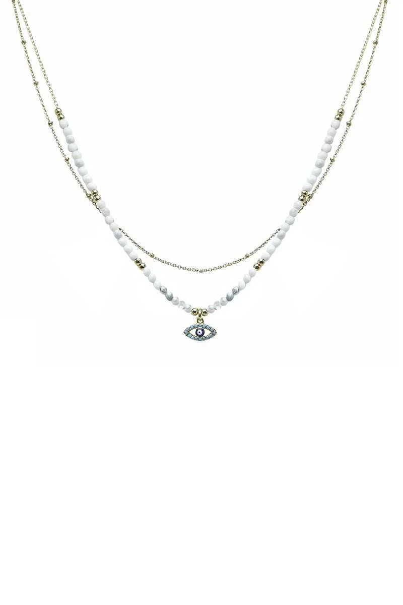 2 Layered Metal Seed Bead Evil Eye Pendant Necklace - minbolu