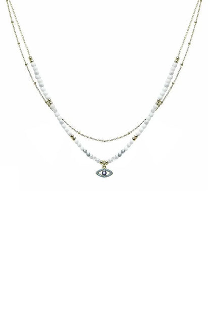 2 Layered Metal Seed Bead Evil Eye Pendant Necklace - minbolu