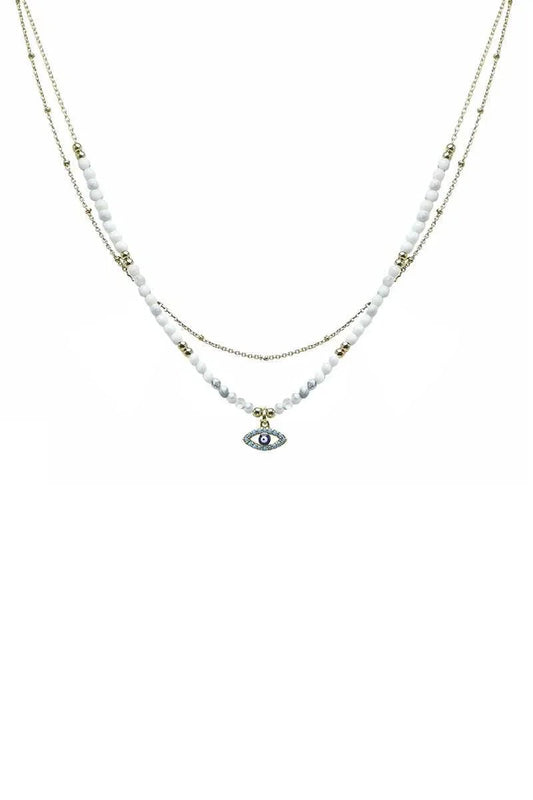 2 Layered Metal Seed Bead Evil Eye Pendant Necklace - minbolu