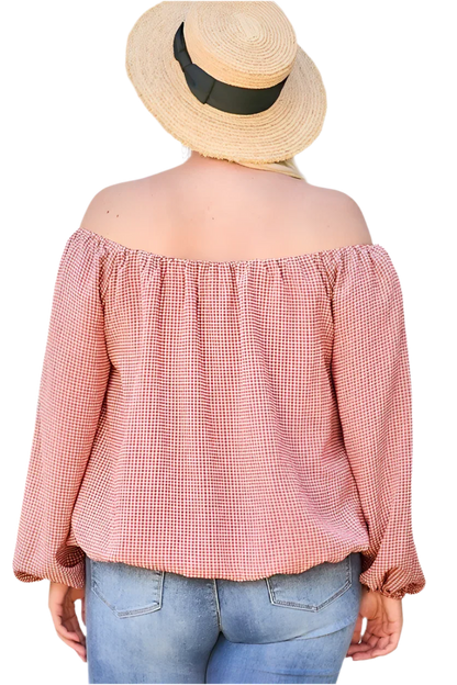 Off Shoulder Long Bubble Sleeve Plaid Top in Brick - minbolu -