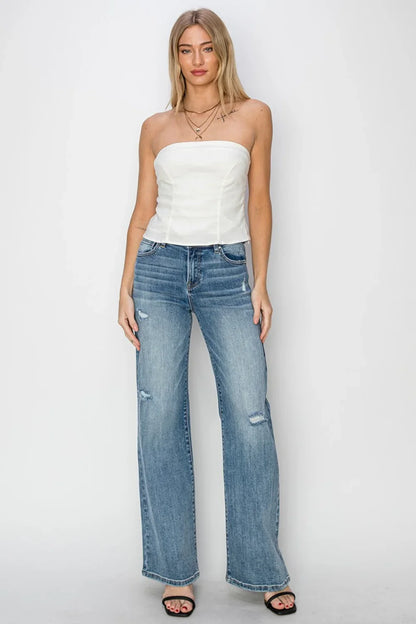 RISEN High Waist Distressed Wide Leg Jeans - minbolu -