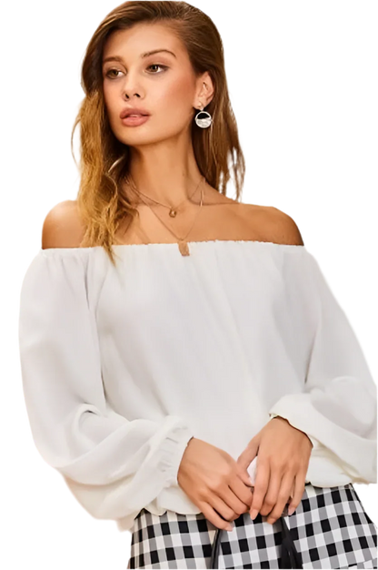 White Off-Shoulder Bubble Sleeve Top - minbolu -