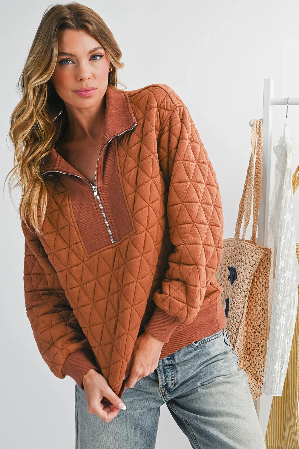 Straw Yellow Textured Zipper Neck Long Sleeve Pullover Sweatshirt - minbolu -