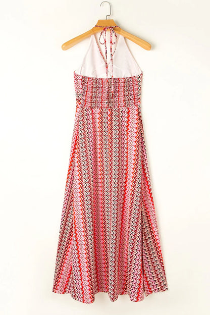 Printed Halter Neck Dress with Slit Detail - minbolu -