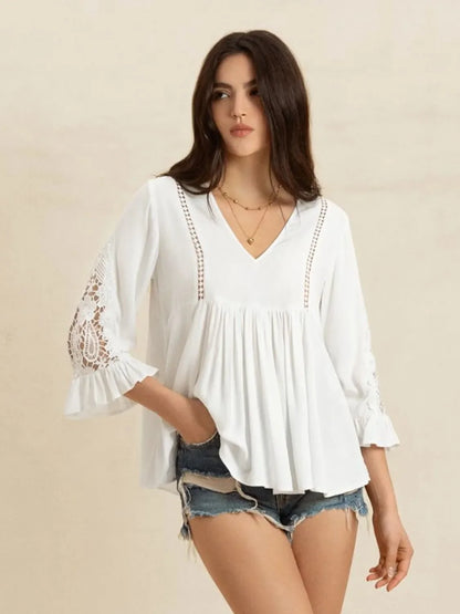 V-Neck Lace Flounce Sleeve Top - minbolu -