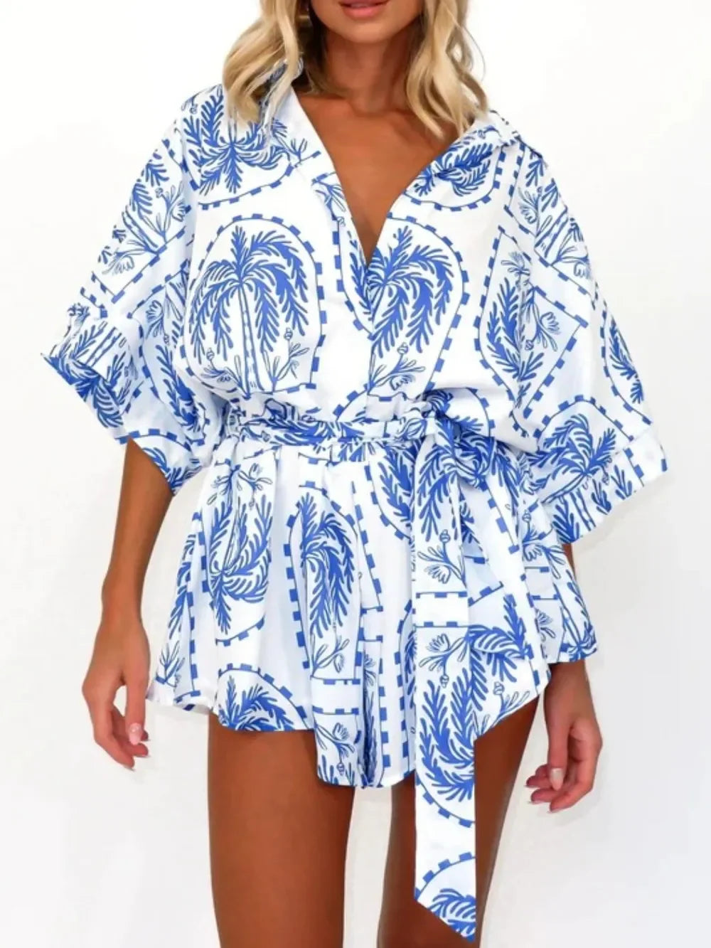 Printed Tie Waist Half Sleeve Romper - minbolu -