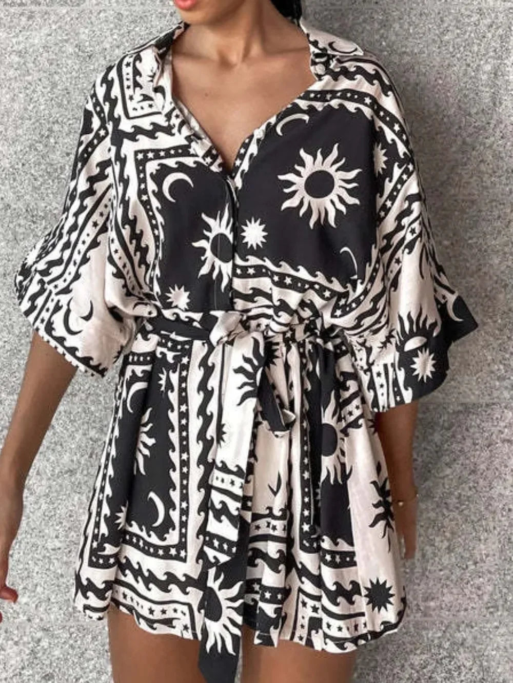 Printed Tie Waist Half Sleeve Romper - minbolu -