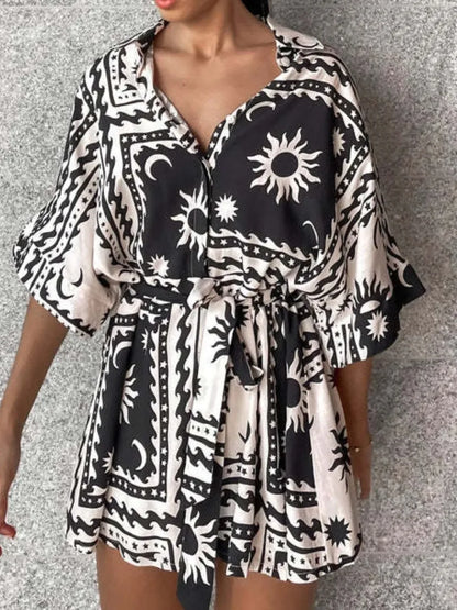 Printed Tie Waist Half Sleeve Romper - minbolu -