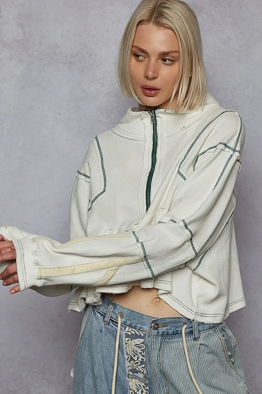 POL Contrast Stitching Zip Front Sweatshirt - minbolu -