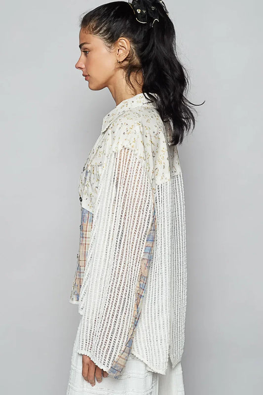 POL Floral Slit Back Plaid Patchwork Shirt - minbolu -