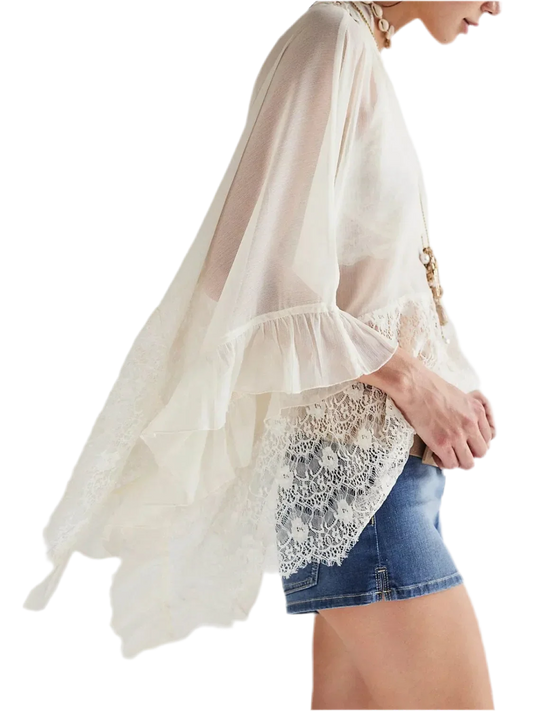 Lace V-Neck Ruffle Cover-Up - Beach Blouse - minbolu -