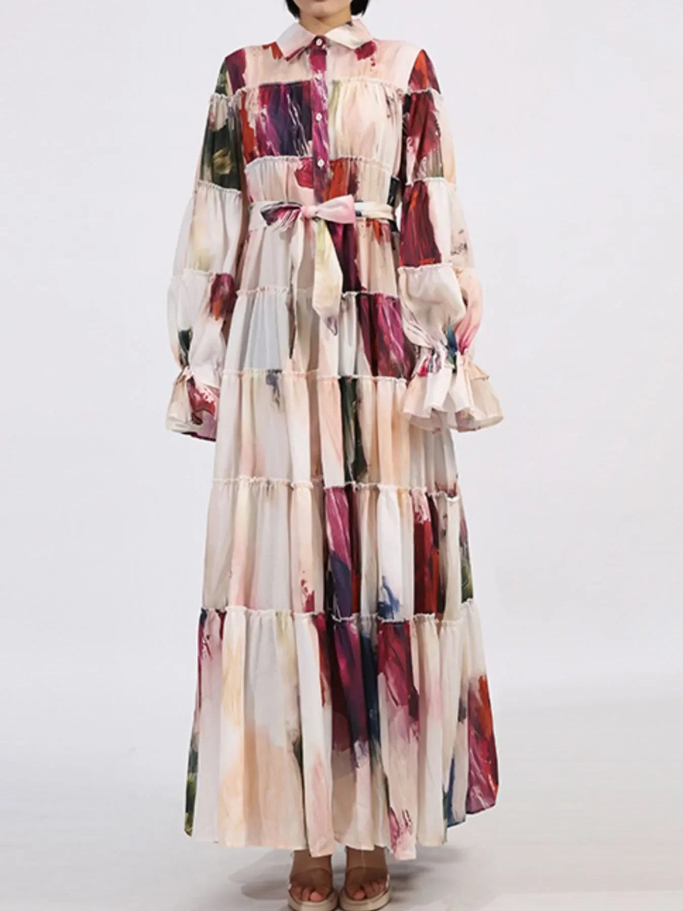 Tiered Tie Waist Maxi Dress - minbolu -