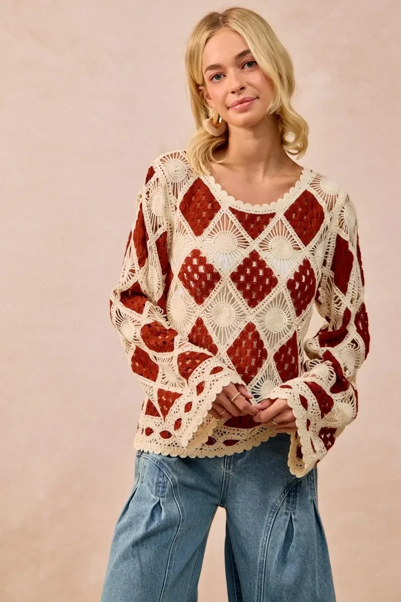 BiBi Diamond Crochet Knit Top - minbolu -