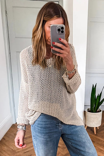 Smoke Gray Crochet Hollow-out Knit Sweater - minbolu -