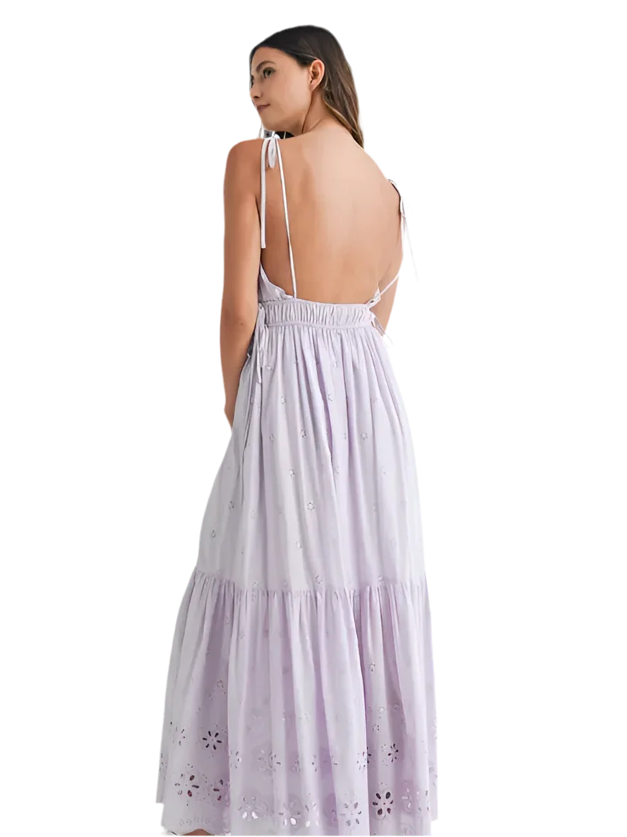 Elegant Eyelet Lace Maxi Dress with Side Strap Details - minbolu -