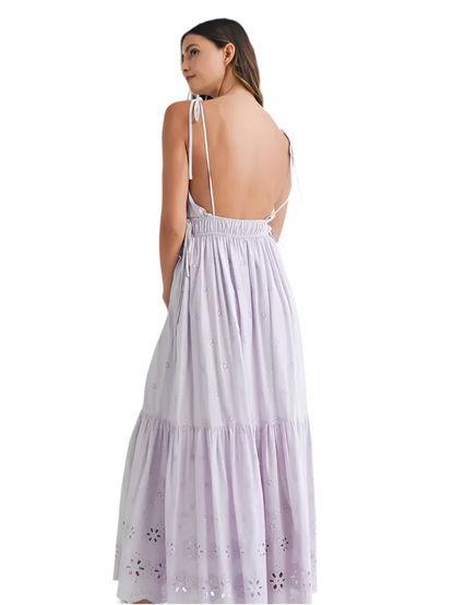 Elegant Eyelet Lace Maxi Dress with Side Strap Details - minbolu -